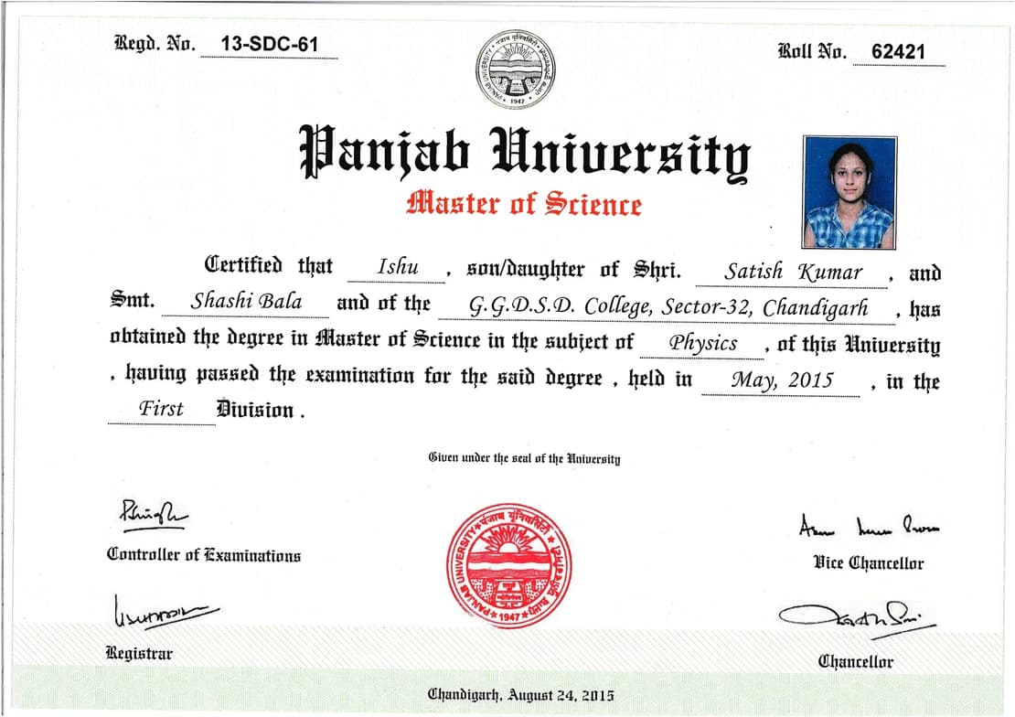 Verified degree or teaching certification of Ishu 