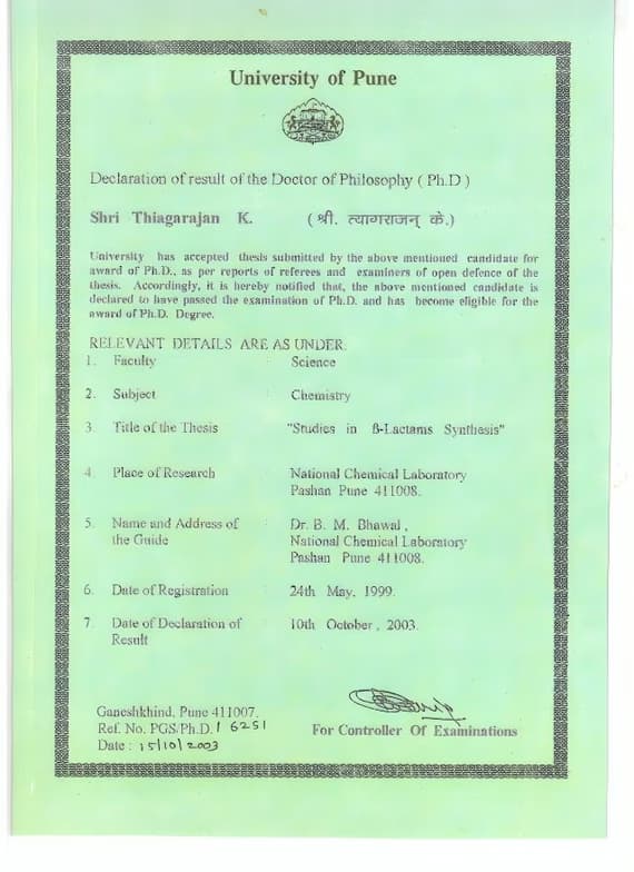 Verified degree or teaching certification of THIAGARAJAN 