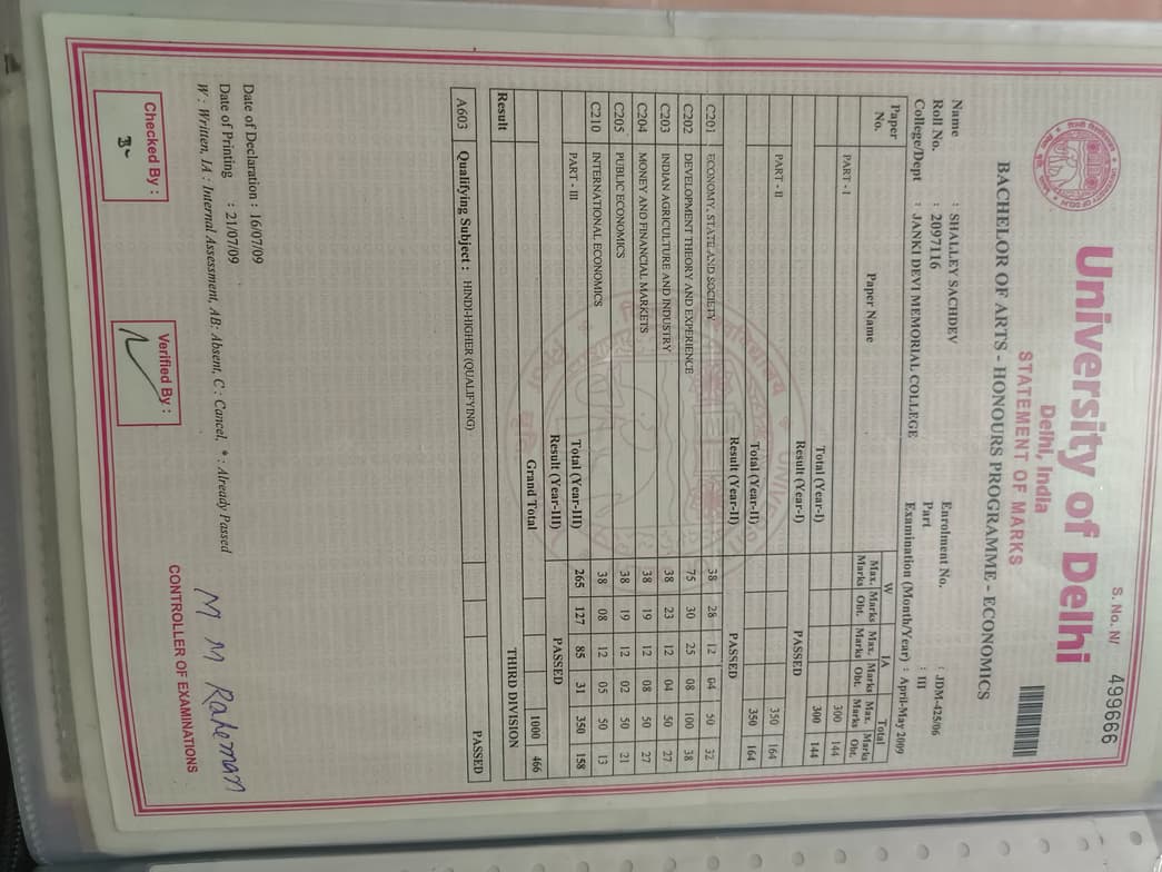 Verified degree or teaching certification of Shalley