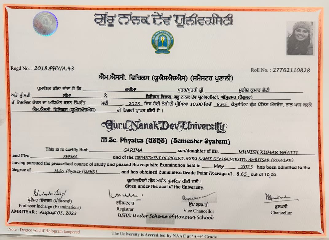 Verified degree or teaching certification of Garima