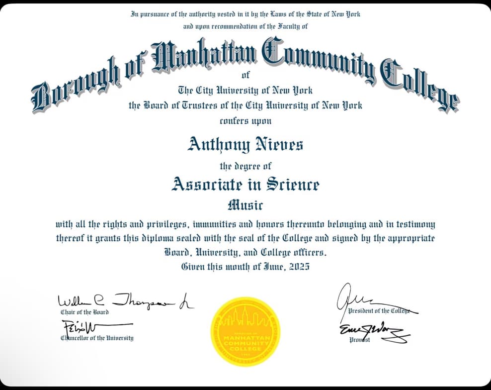 Verified degree or teaching certification of Anthony 