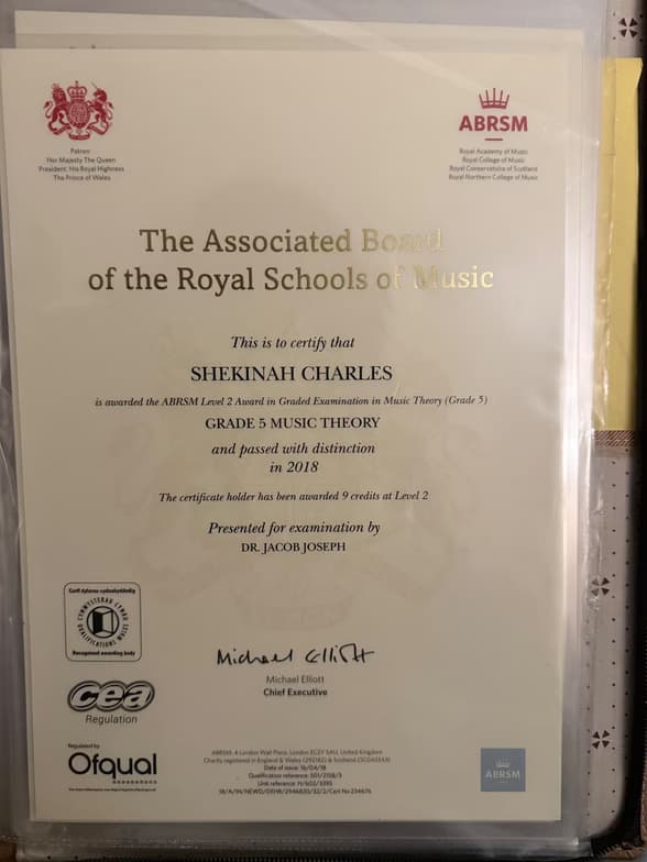 Verified degree or teaching certification of Shekinah 