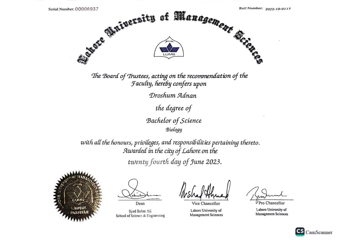 Verified degree or teaching certification of Droshum