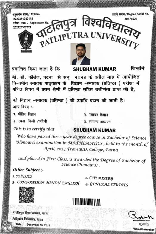 Verified degree or teaching certification of Shubham  