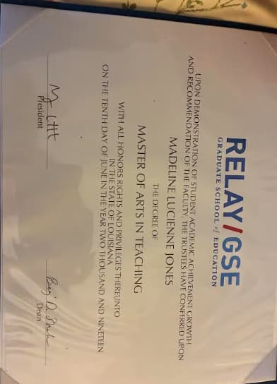 Verified degree or teaching certification of Madeline 