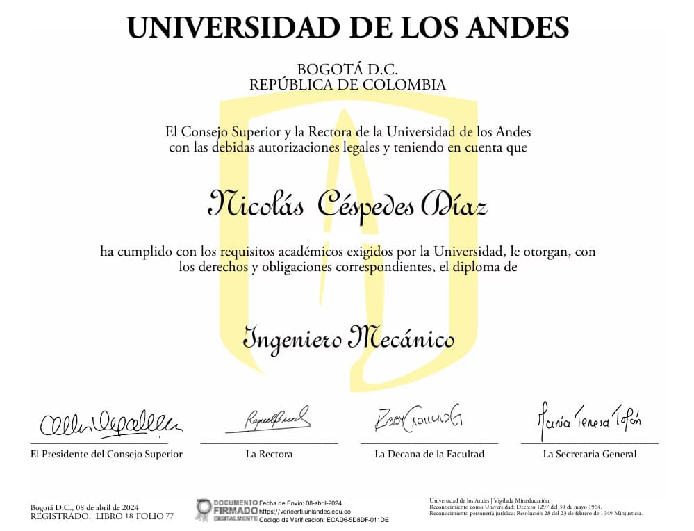 Verified degree or teaching certification of Nicolás