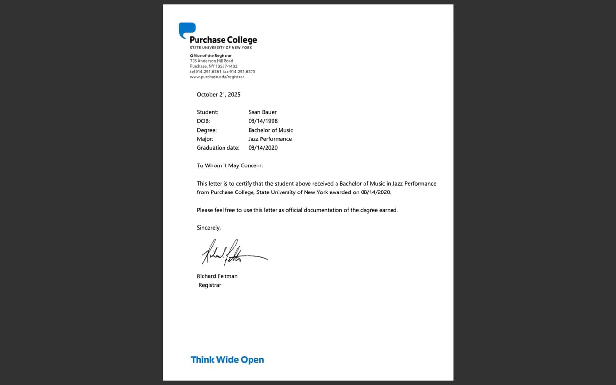 Verified degree or teaching certification of Sean 