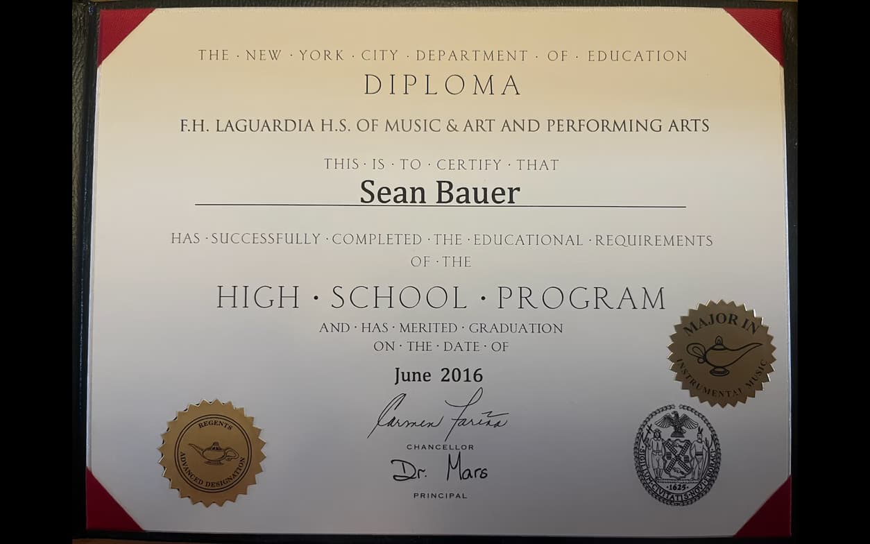 Verified degree or teaching certification of Sean 