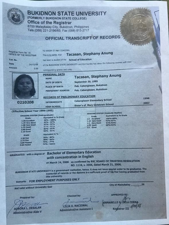 Verified degree or teaching certification of Stephany 