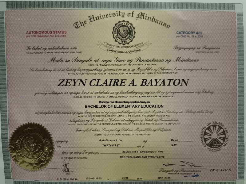 Verified degree or teaching certification of Zeyn Claire