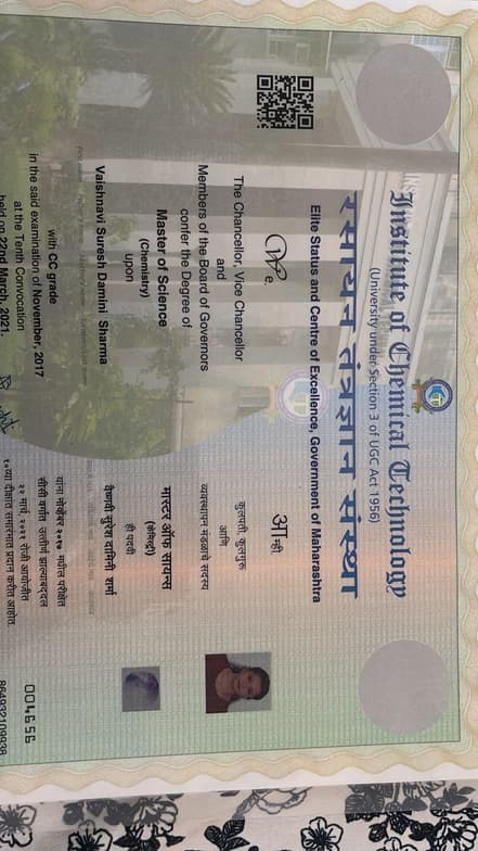 Verified degree or teaching certification of Vaishnavi 