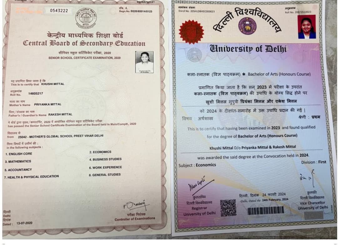 Verified degree or teaching certification of khushi 
