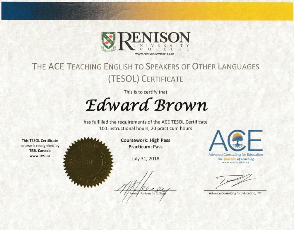 Verified degree or teaching certification of Edward  
