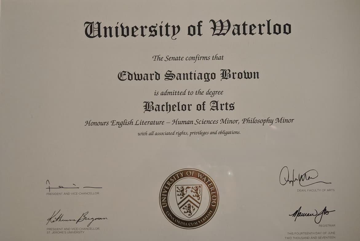 Verified degree or teaching certification of Edward  