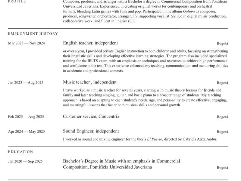 Verified degree or teaching certification of Nicolás  