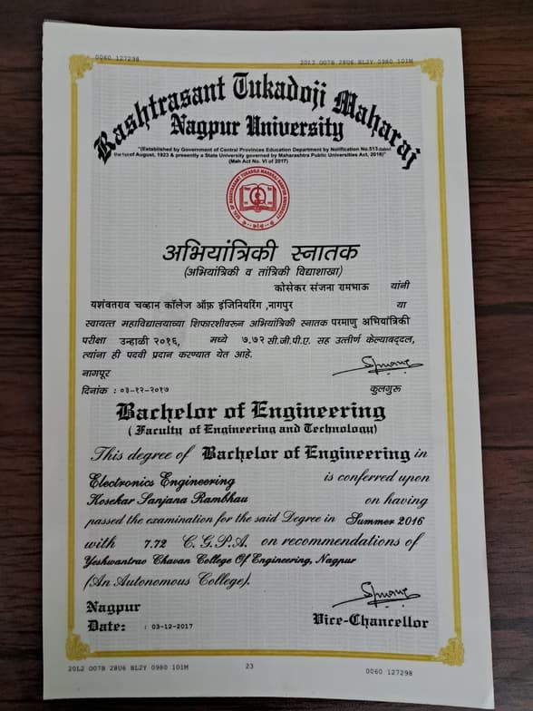 Verified degree or teaching certification of Sanjana