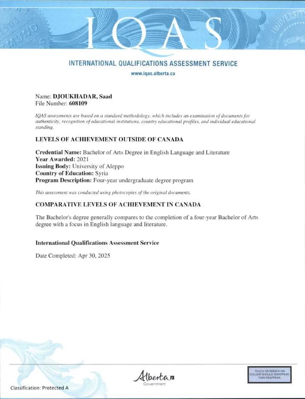 Verified degree or teaching certification of Saad