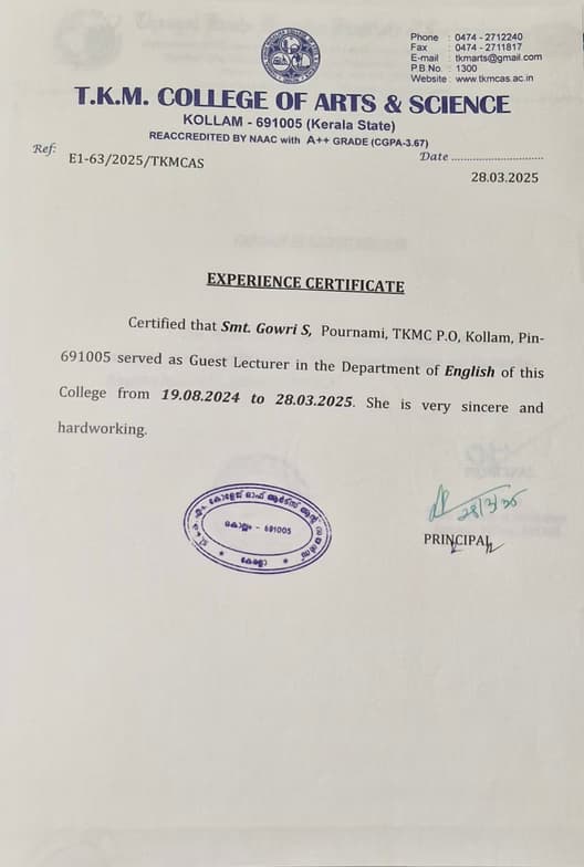 Verified degree or teaching certification of Gowri 