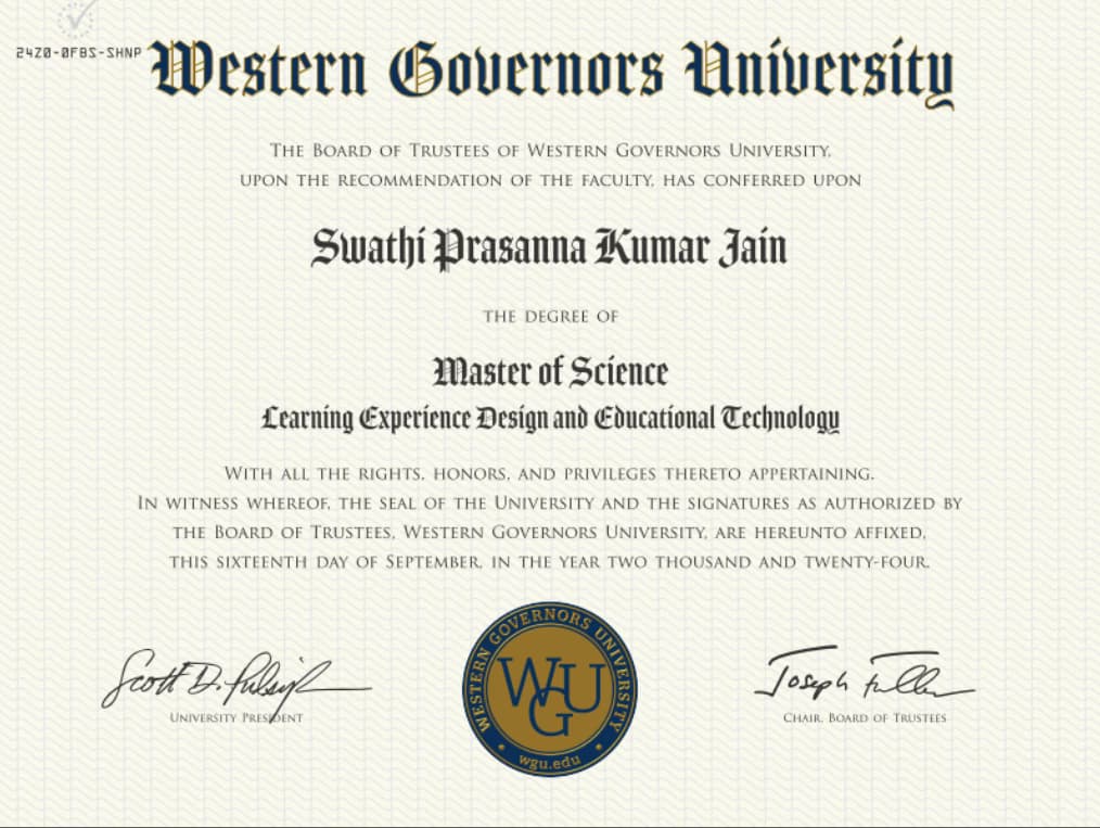 Verified degree or teaching certification of Swathi 