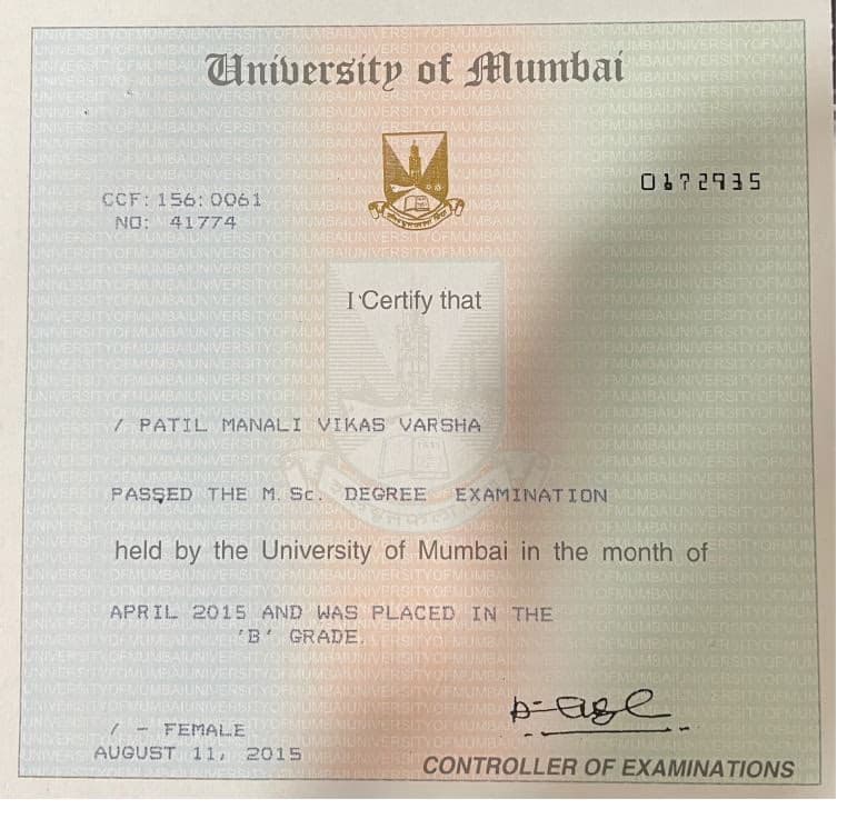 Verified degree or teaching certification of Manali 