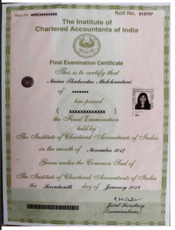 Verified degree or teaching certification of Naina 