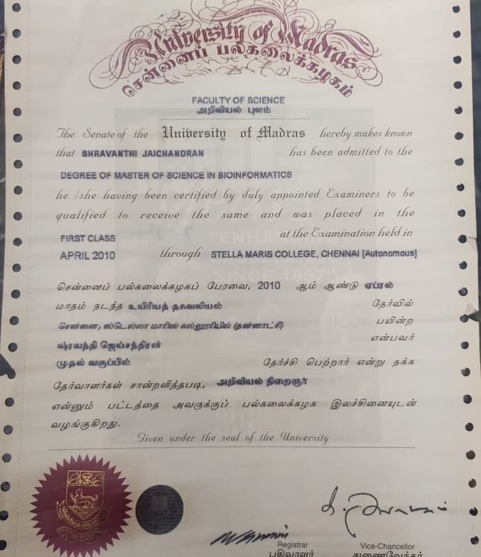 Verified degree or teaching certification of Shravanthi