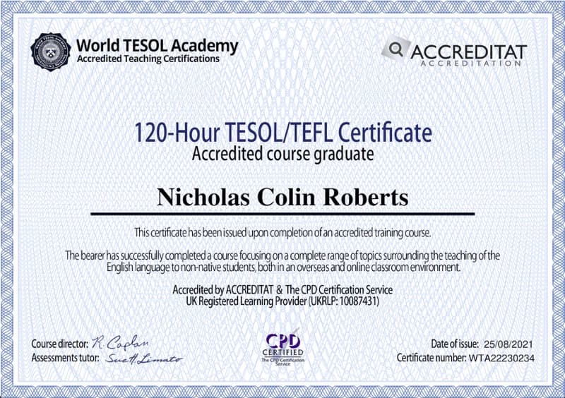 Verified degree or teaching certification of Nicholas 