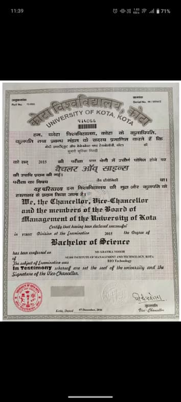 Verified degree or teaching certification of Kratika  