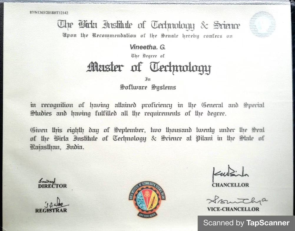 Verified degree or teaching certification of Vineetha