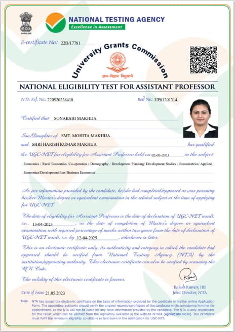 Verified degree or teaching certification of Sonakshi 