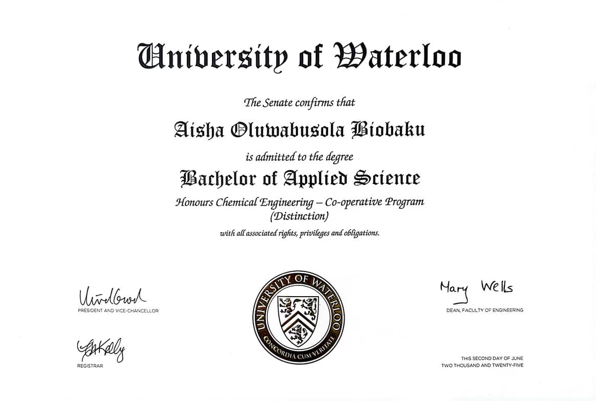 Verified degree or teaching certification of Aisha 