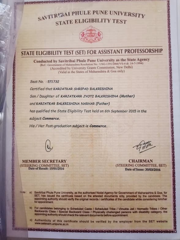 Verified degree or teaching certification of Dr Shripad