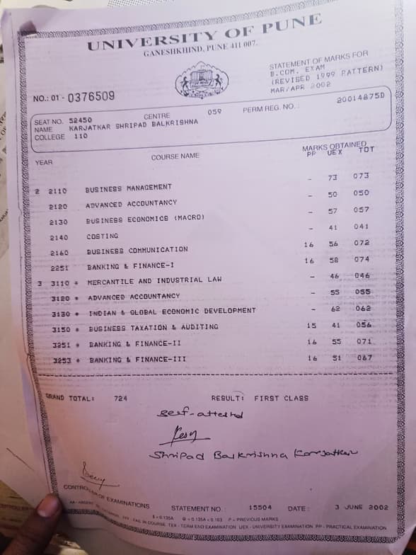 Verified degree or teaching certification of Dr Shripad