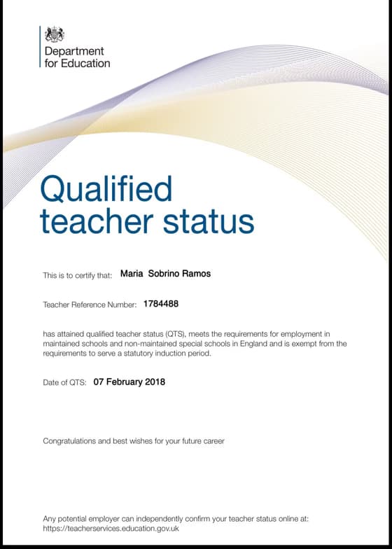 Verified degree or teaching certification of Maria 