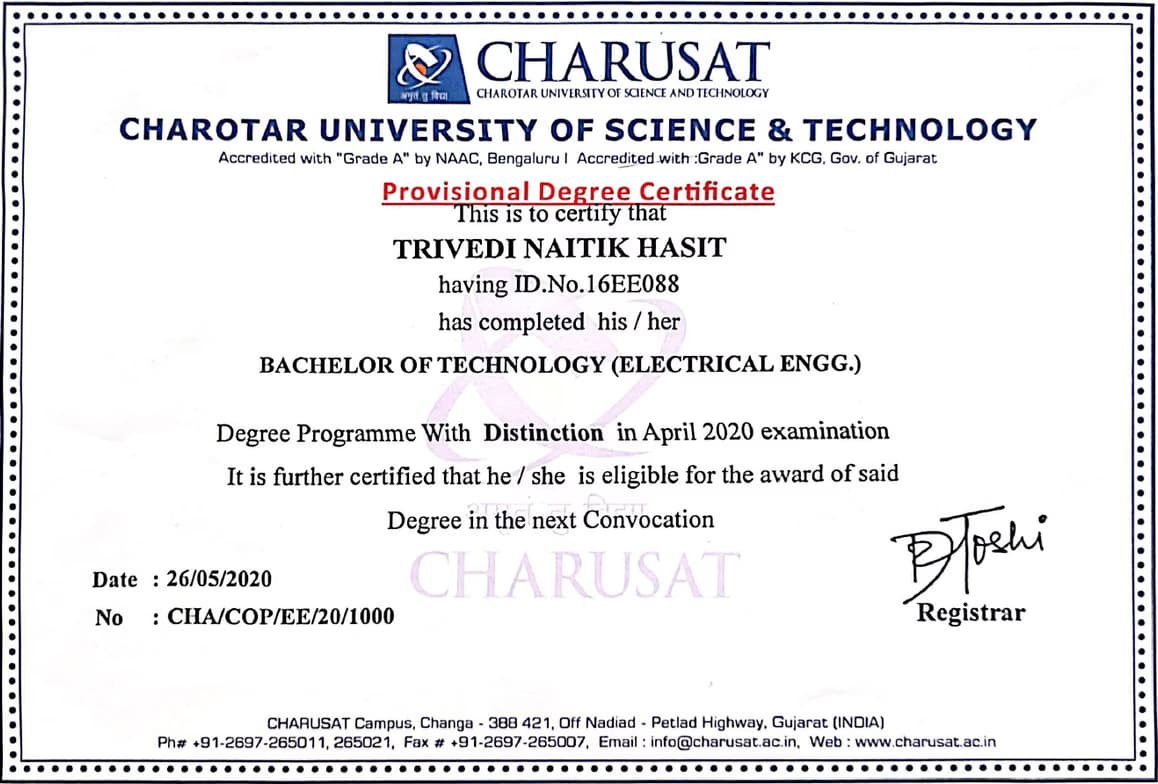 Verified degree or teaching certification of Naitik 