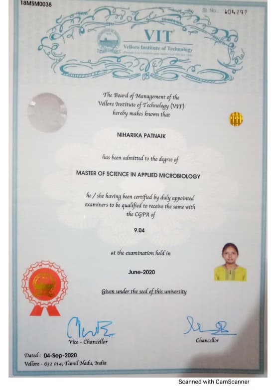 Verified degree or teaching certification of NIHARIKA  