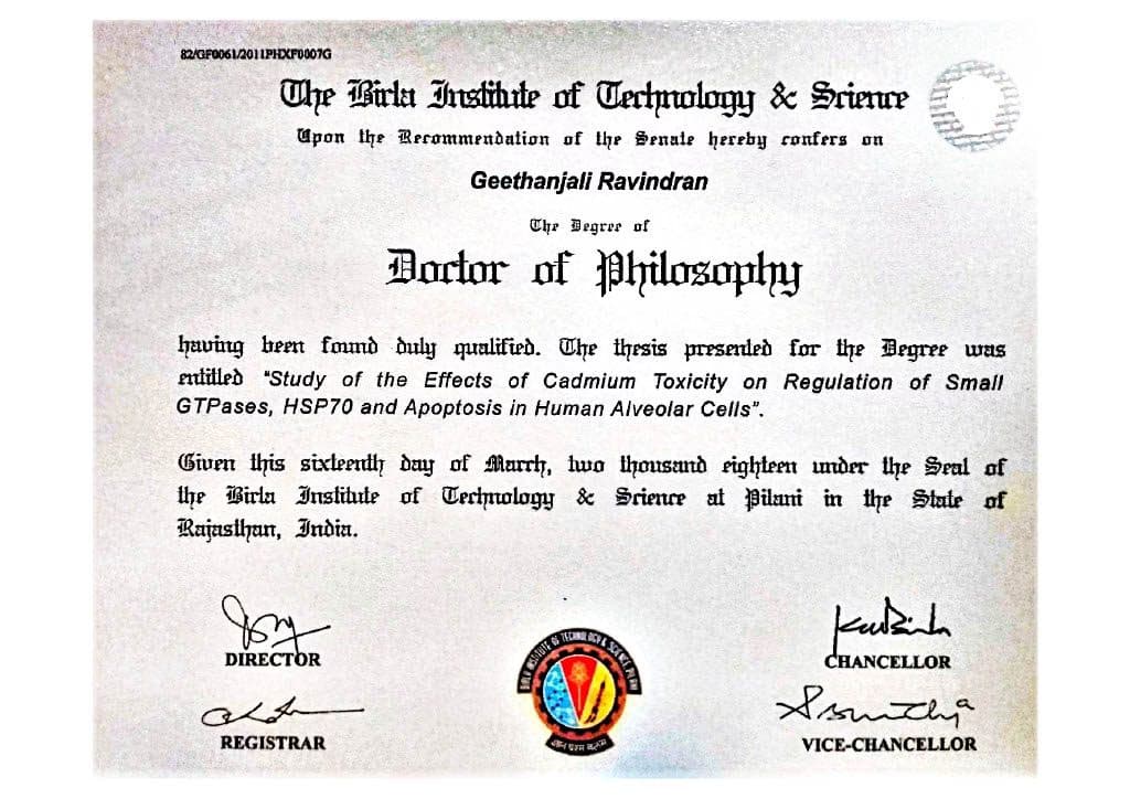 Verified degree or teaching certification of Geethanjali 