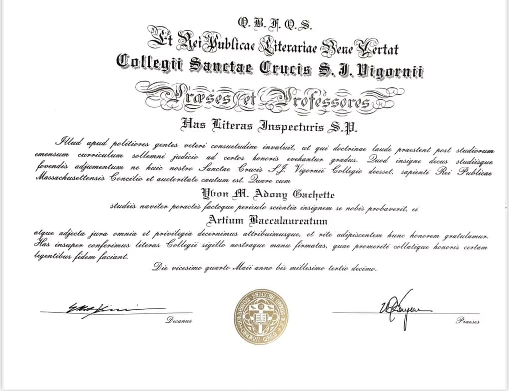 Verified degree or teaching certification of Yvon 