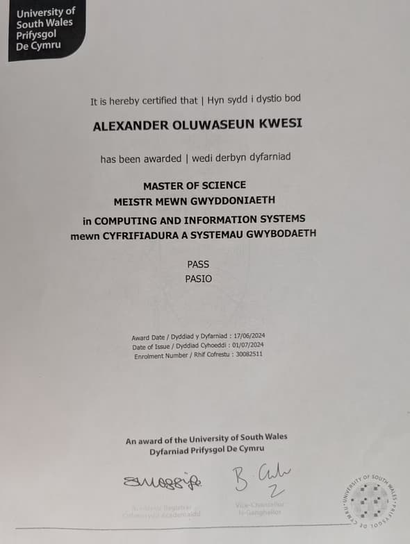 Verified degree or teaching certification of Alexander 