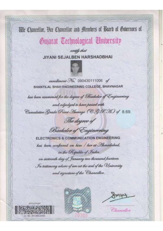 Verified degree or teaching certification of Sejal 