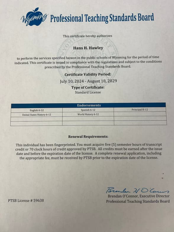 Verified degree or teaching certification of Hans 