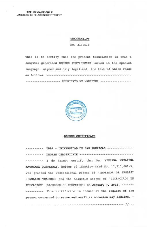 Verified degree or teaching certification of Viviana