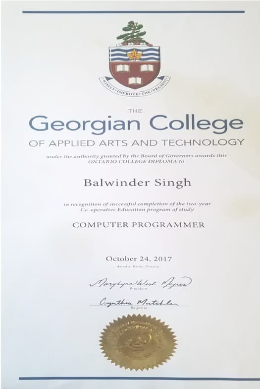 Verified degree or teaching certification of Balwinder