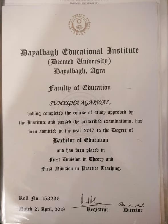 Verified degree or teaching certification of Sumegha 