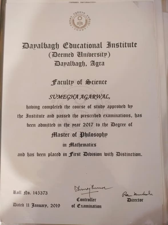 Verified degree or teaching certification of Sumegha 