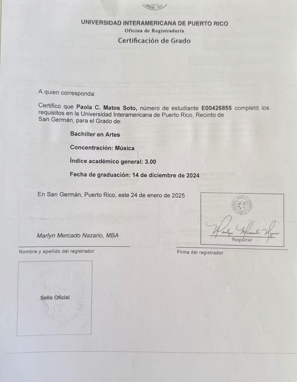 Verified degree or teaching certification of Paola 