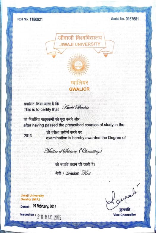 Verified degree or teaching certification of Aadil 