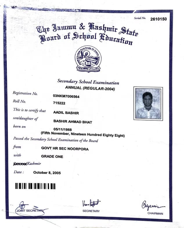 Verified degree or teaching certification of Aadil 