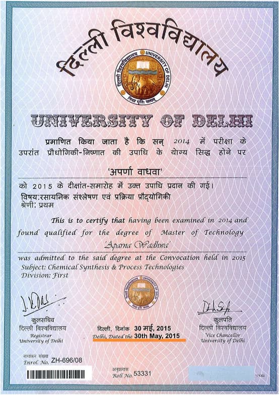 Verified degree or teaching certification of Aparna 
