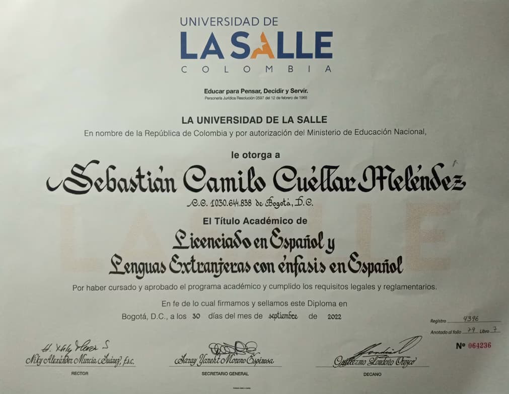 Verified degree or teaching certification of Sebastian 